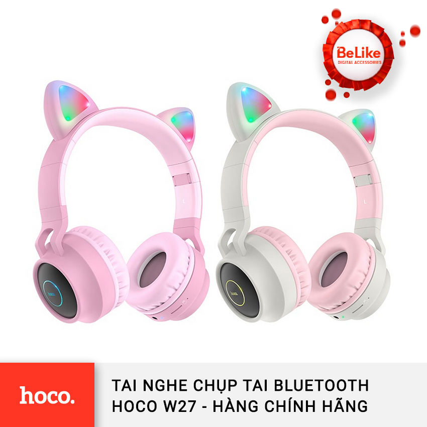 Tai Nghe Chụp Tai Bluetooth Hoco W27 - Tai Mèo Phát Sáng - Hàng Chính Hãng | Xám Nhạt Pha Hồng