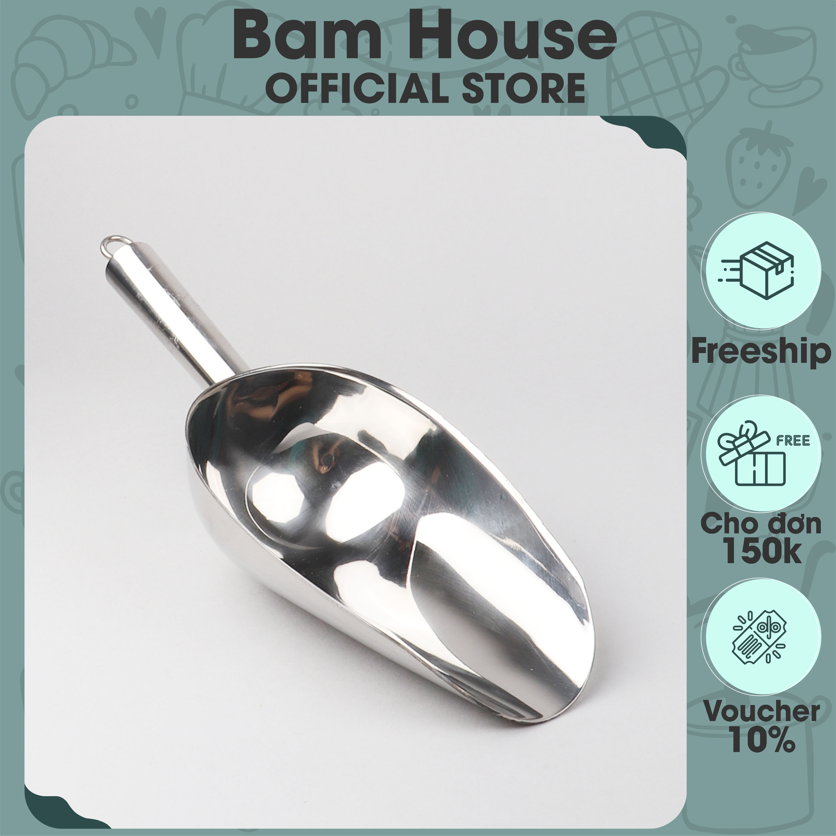 Dụng cụ xúc đá, xúc gạo và xúc đậu inox 304 Bam House sáng bóng cao cấp XD01 – Bam House