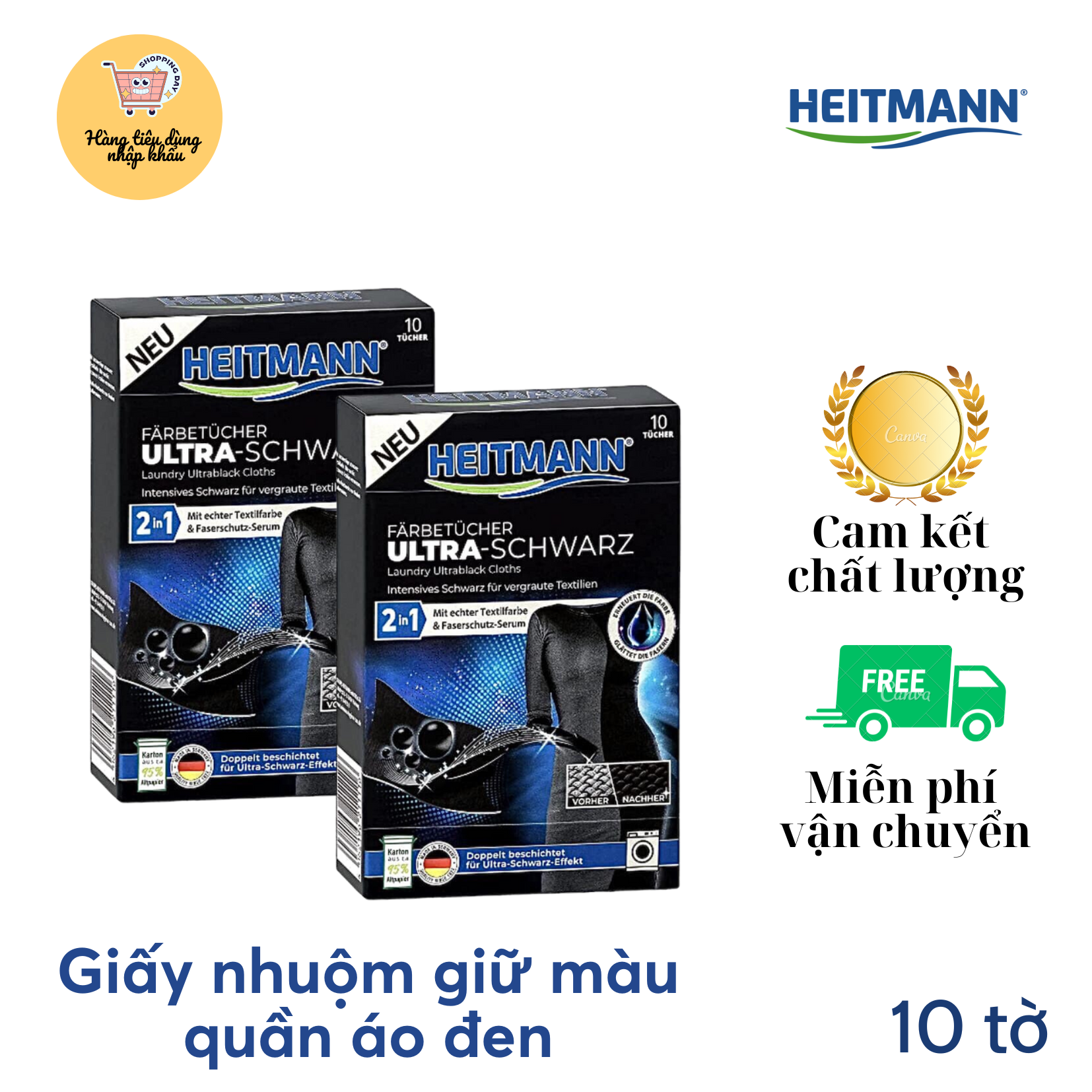Giấy Giặt Nhuộm Đen Quần Áo Heitmann Ultra Schwarz 2in1 giúp quần áo đen bạc màu đen laỊ