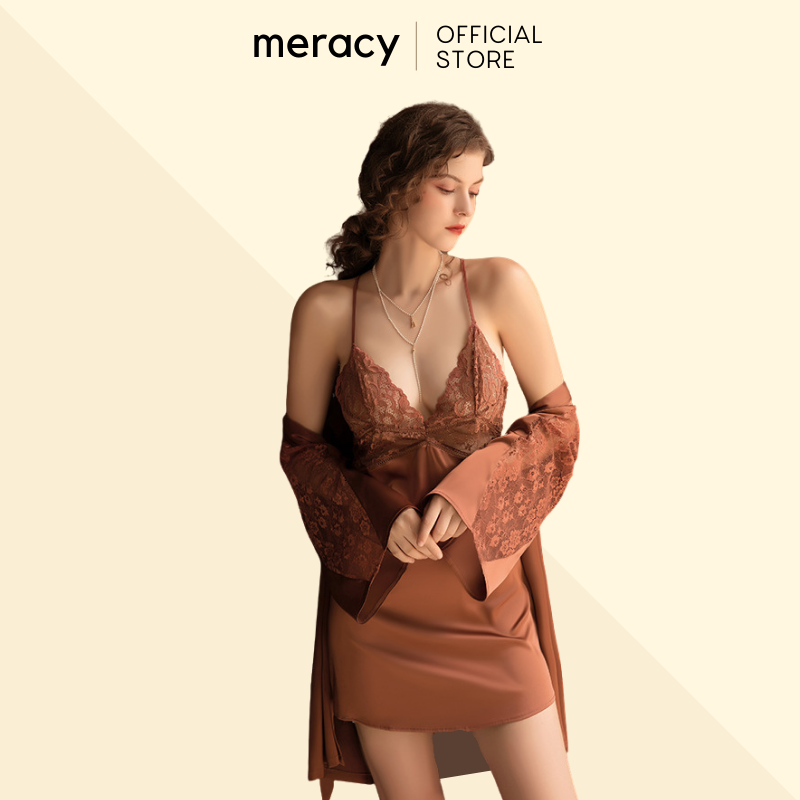 Váy ngủ hai dây có kèm áo choàng ngủ lụa satin nữ cao cấp MERACY có mút ngực phối ren M06-CV