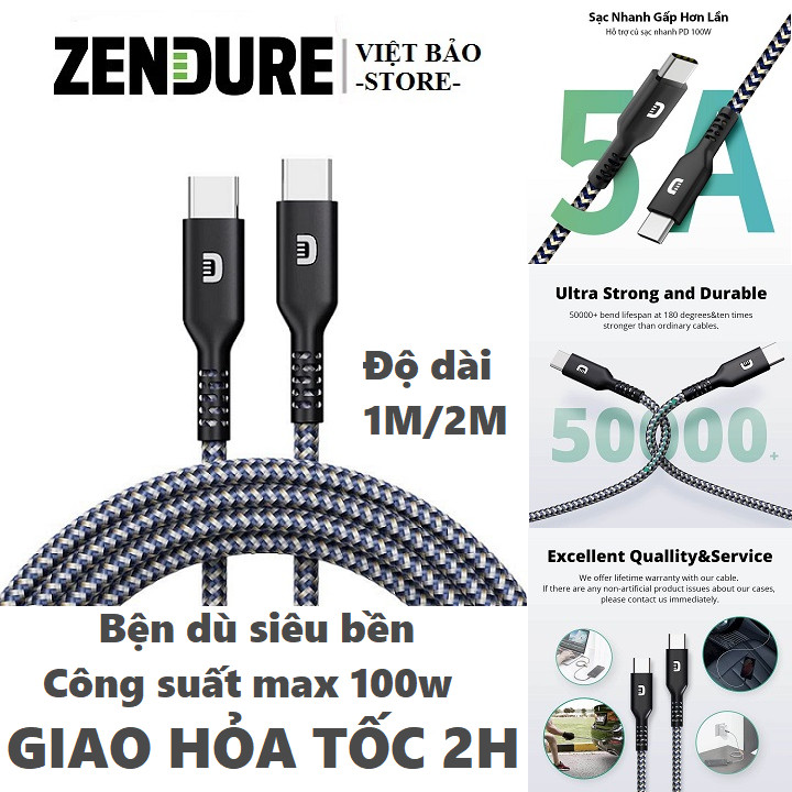 Cáp sạc nhanh Zendure SuperCord type-c to type-c 100W 1m/2m vỏ bọc dù siêu bền đẹp