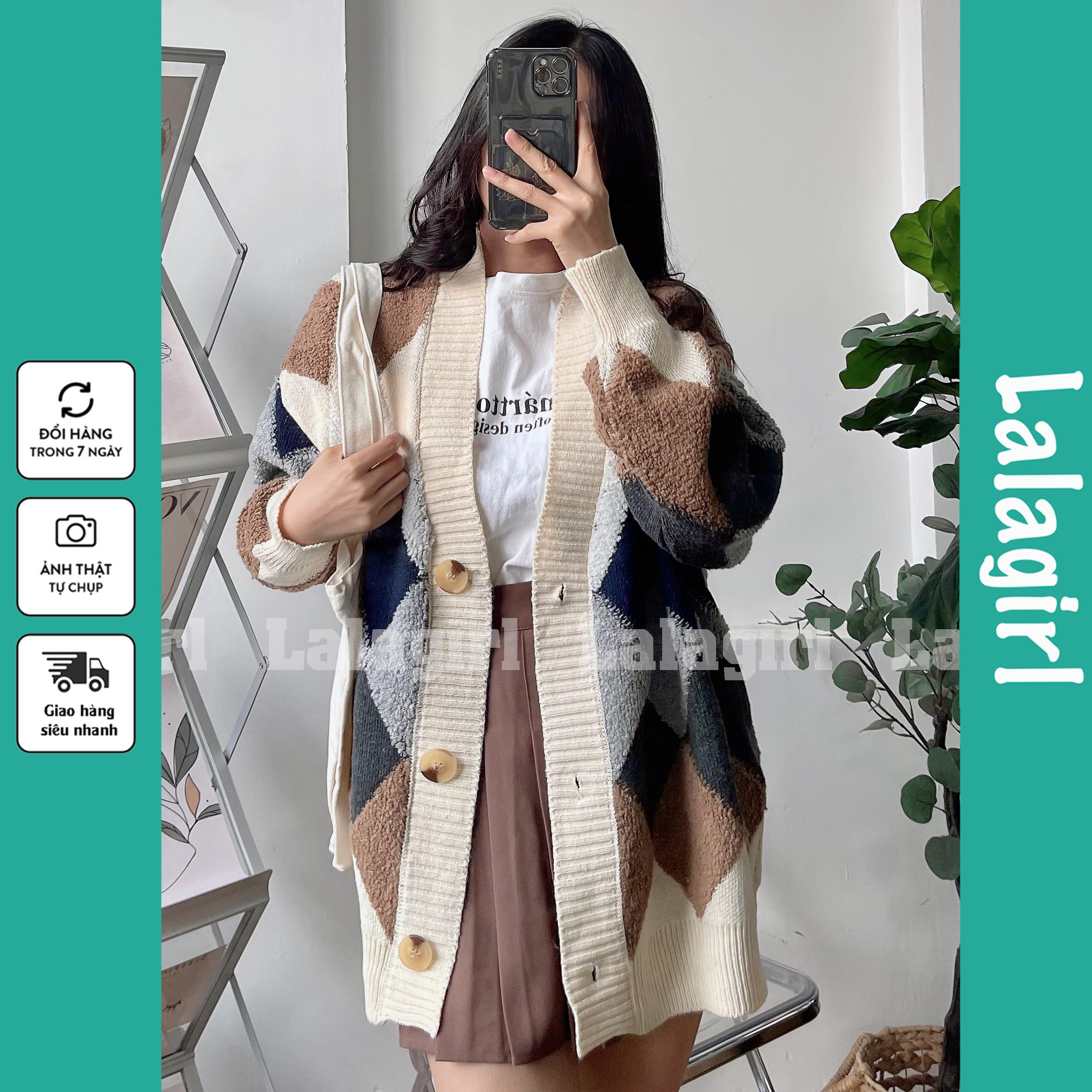 Áo khoác cardigan len lông pha nỉ dày họa tiết quả trám