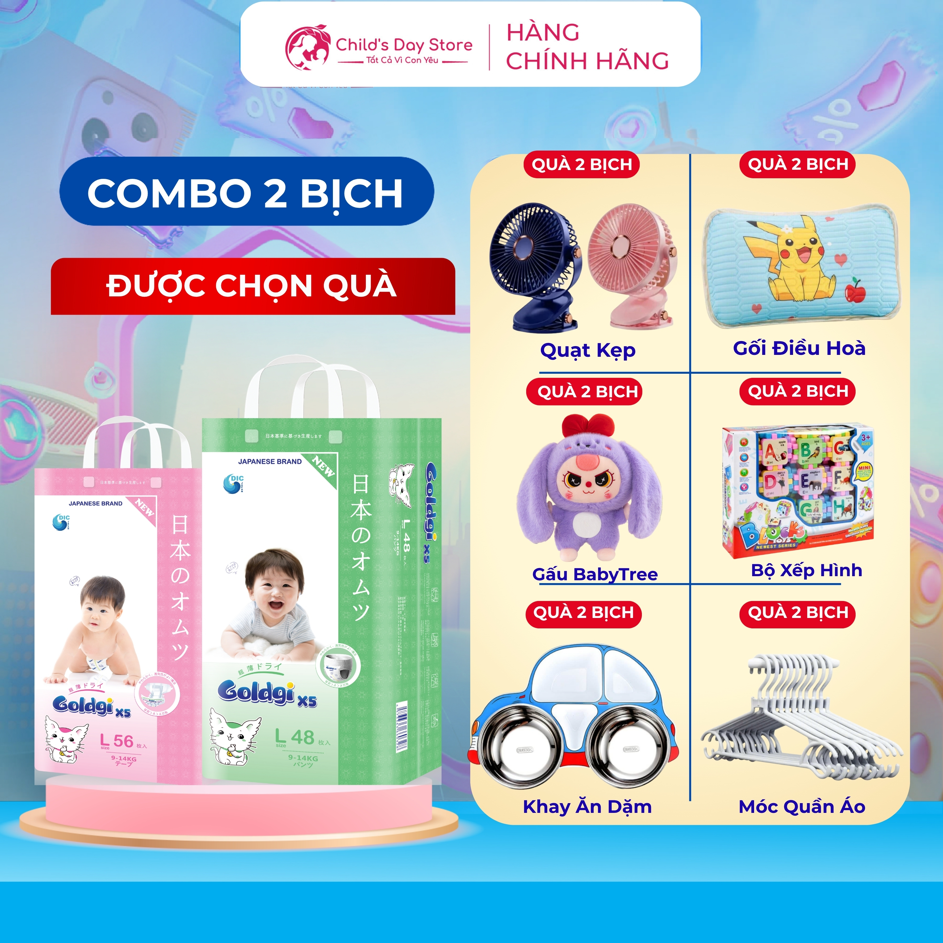  Combo 2 bịch Goldgi X5 Siêu Mỏng Nhẹ Thấm Hút Ngừa Hăm Vượt Trội Dành Cho Bé . Childs Day Store 