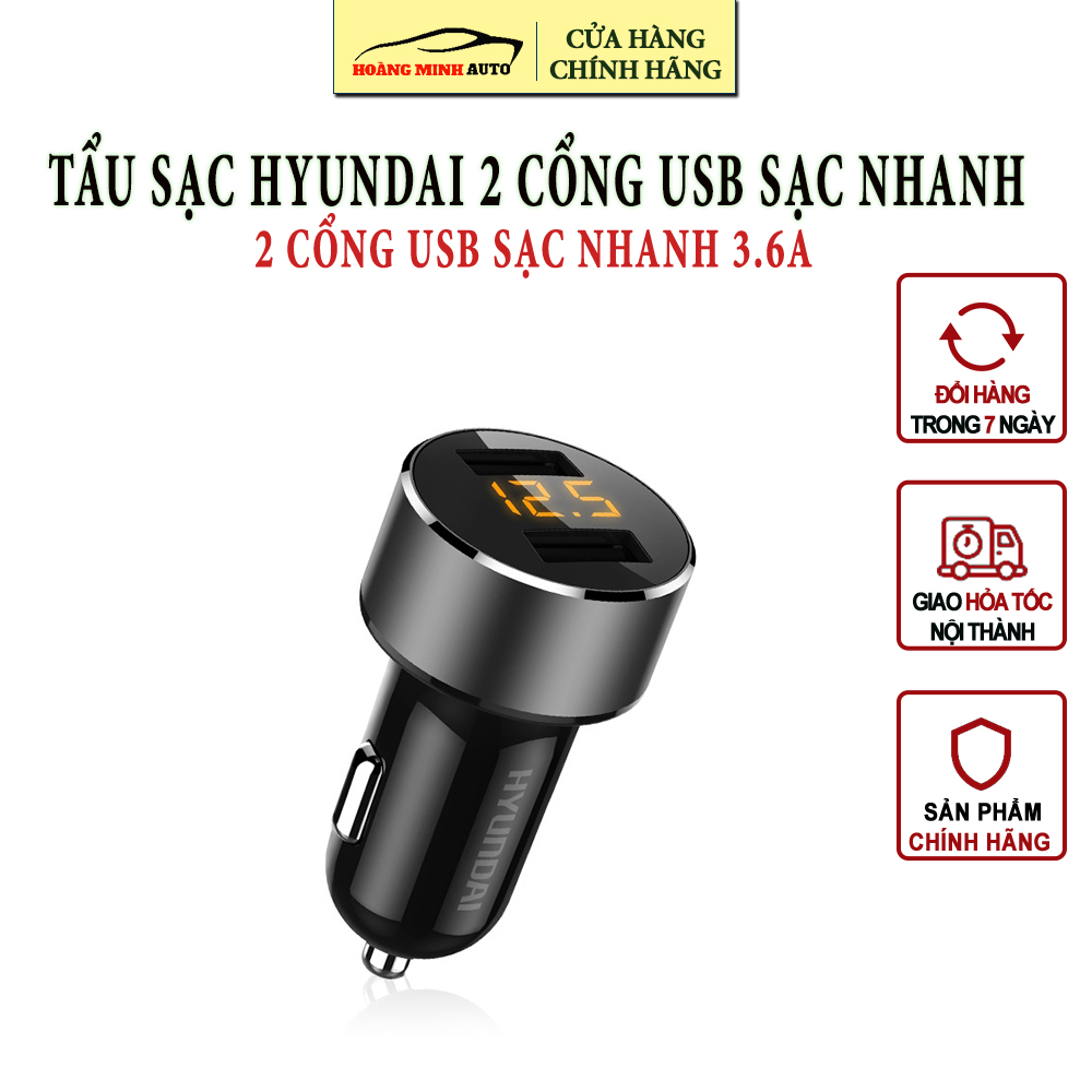 Tẩu sạc ô tô xe hơi hyundai hy-36c có 2 cổng sạc nhanh usb 3.6a có led báo điện áp