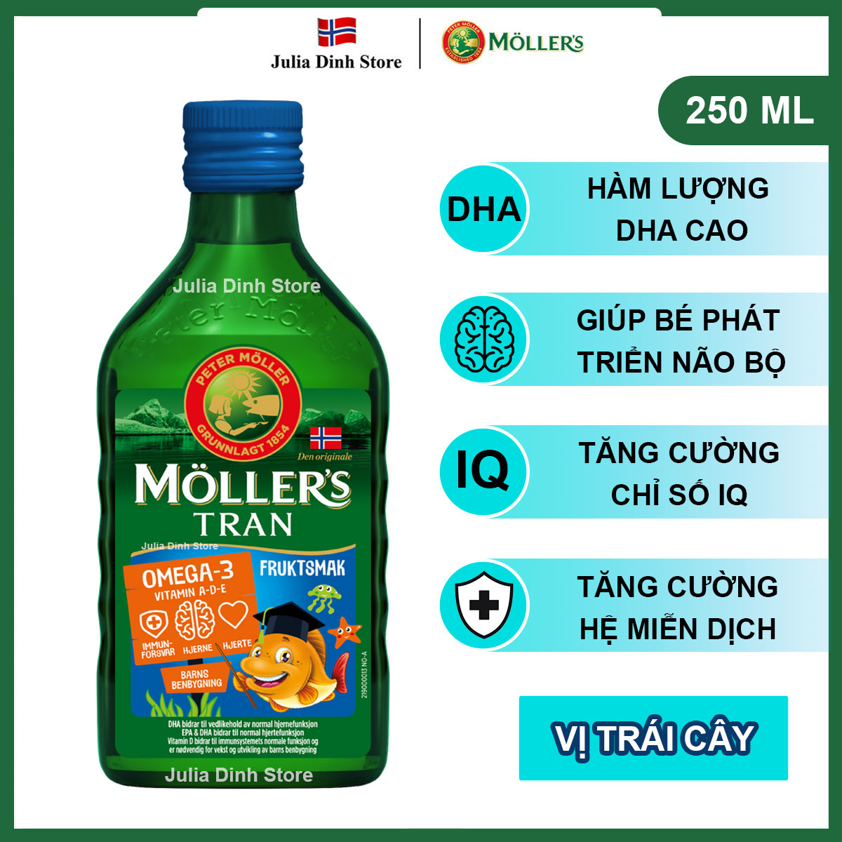 Dầu gan cá tuyết omega 3 mollers tran fruktsmak nội địa na uy - hương trái cây