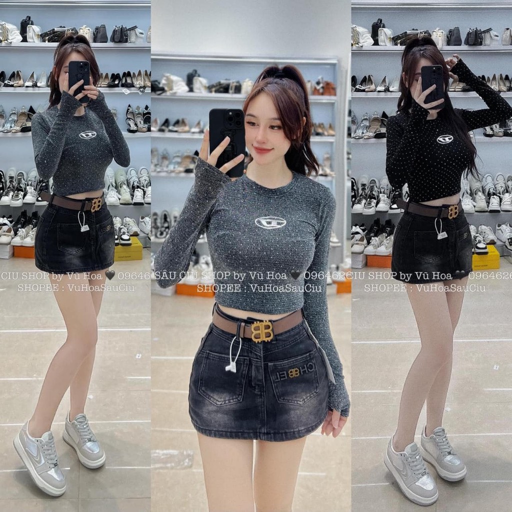 Áo thun kiểu dài tay ôm đính đá siêu xinh cw