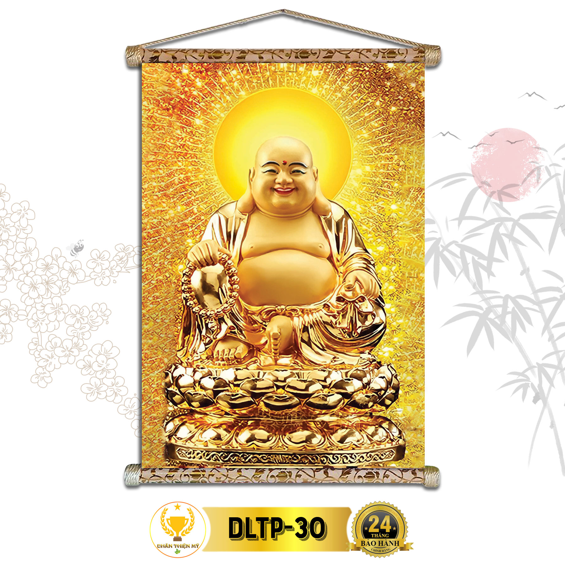 Tranh Phật Treo Tường Phật Di Lặc CHÂN THIỆN MỸ, Chất Liệu Vải Lụa Kim Sa Khung Gỗ 40x60cm DLTP-30