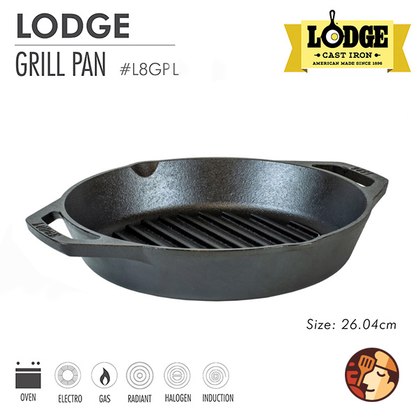 Chảo gang Lodge nướng có rãnh 2 tay cầm 26cm chống dính tự nhiên, dùng được cho mọi loại bếp và lò nướng