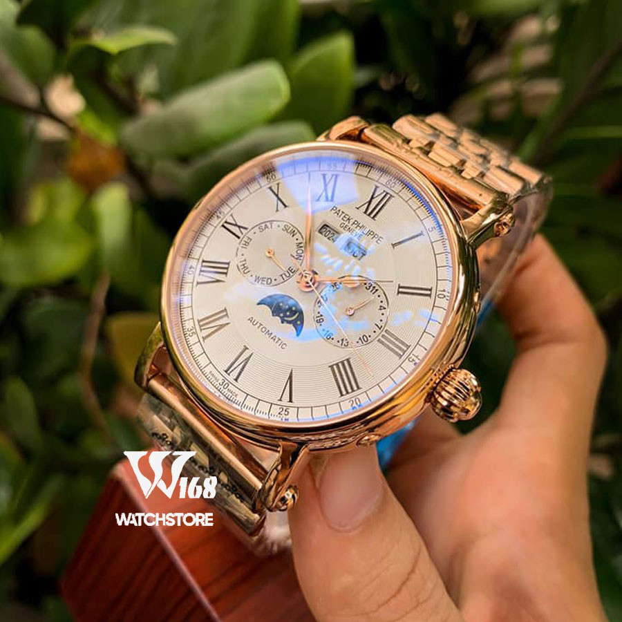 Đồng hồ Nam mẫu Lịch vạn niên mặt trắng viền vàng, dòng cơ Automatic size 41mm-42mm
