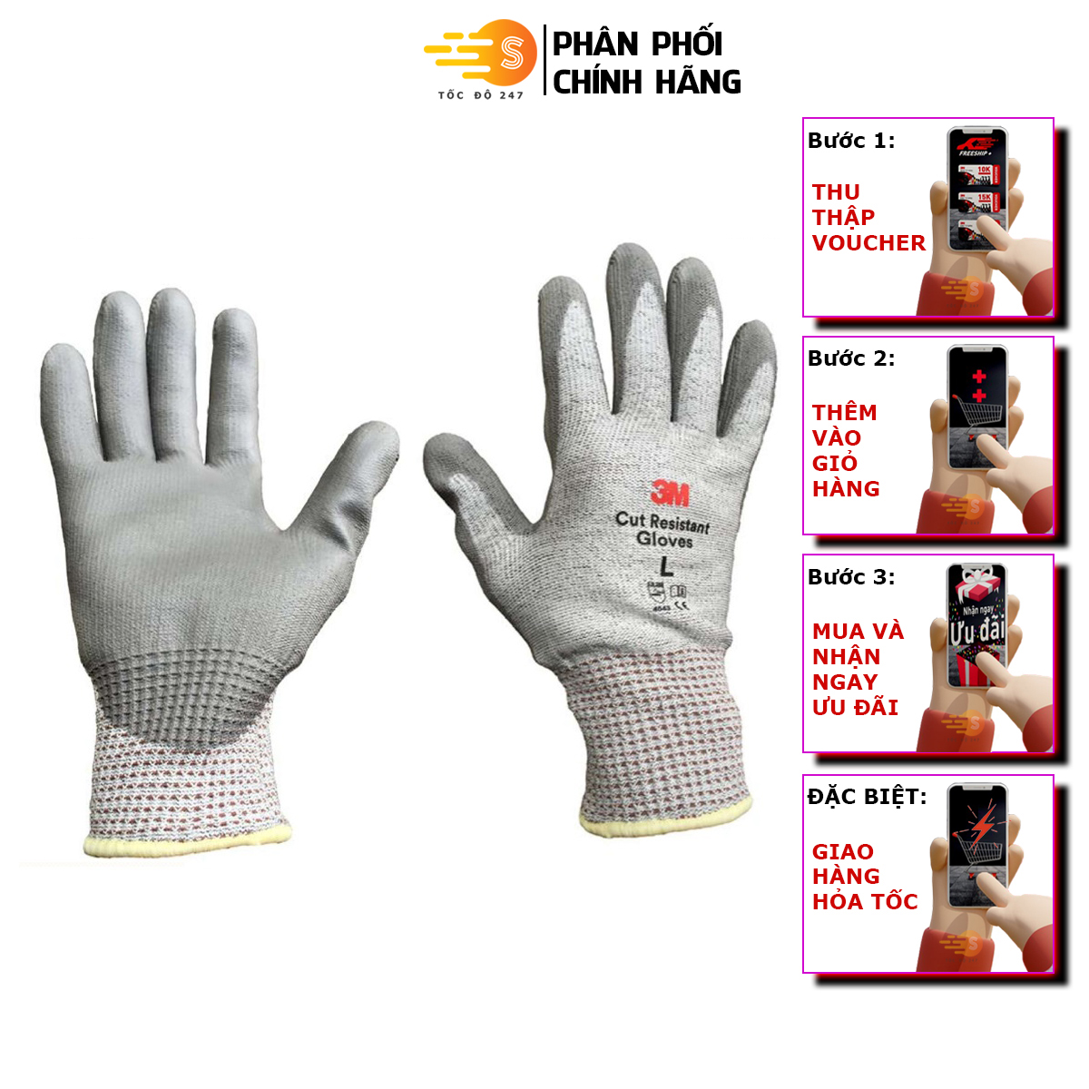 Găng tay chống cắt màu xám trắng cấp độ 5 3M GTCC - nhiều kích thước, Tốc Độ 247, thun co giãn thoải mái, Chống đứt tay, bảo hộ lao động, bảo hộ bàn tay, hàng bán chạy, có bán sỉ, xuất hóa đơn VAT