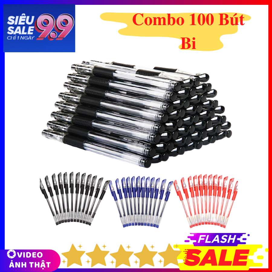 Combo 100 chiếc bút bi mực nước nhiều màu - thiết kế ngòi bút 0,5mm với 3 màu mực: xanh, đen, đỏ