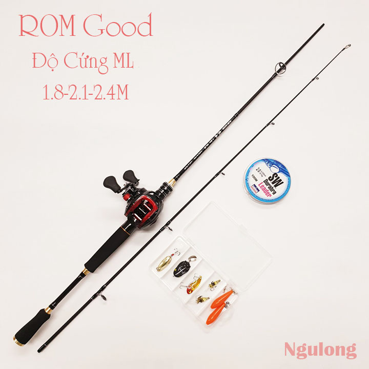 Bộ cần câu lure máy ngang - Cần câu cá ROM GOOD, Máy ngang Staco, tặng dù siêu bền PE+ Hộp 4 mồi câu lure và phụ kiện