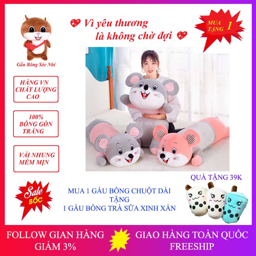 [Mua 1 Tặng 1] Gấu Bông Chuột Dài Cao Cấp - Gấu Bông Sóc Nhí 07 - Gấu Bông Cao Cấp Vải Nhung Co Giãn 4 Chiều - Mua 1 Gấu Bông Gối Ôm Chuột Dài Tặng 1 Gấu Bông Trà Sữa Xinh Xắn