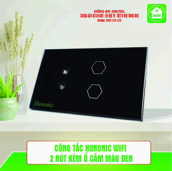 Công tắc thông minh hunonic 2 nút kèm 1 ổ cắm màu đen