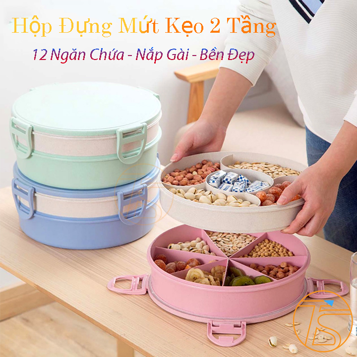 Khay đựng mứt kẹo 2 tầng 12 ngăn - Hộp đựng bánh mứt hình tròn - Khay mứt tết 2024