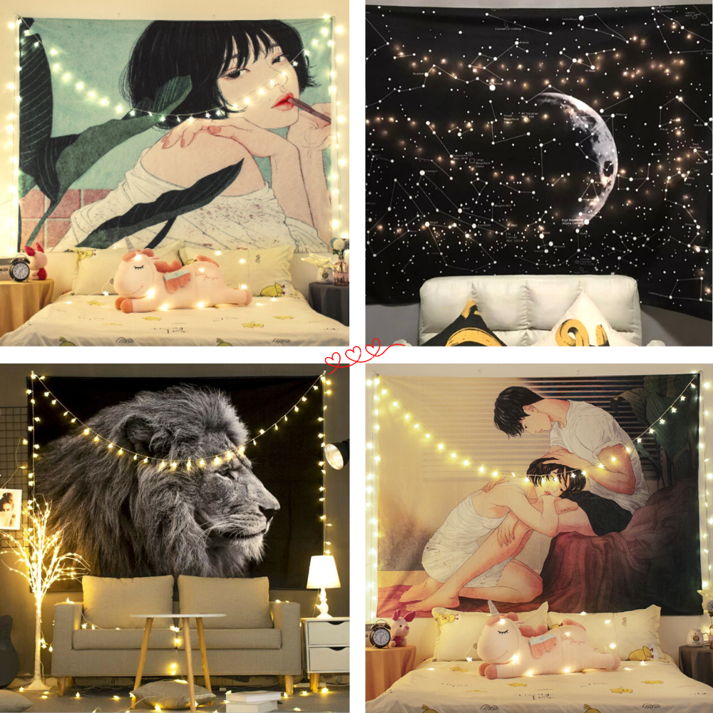 [TẶNG DÂY ĐèN MÀU VÀNG] thảm treo tường decor phòng ngủ, size 150x130cm  vải sợi polyester, không phai màu