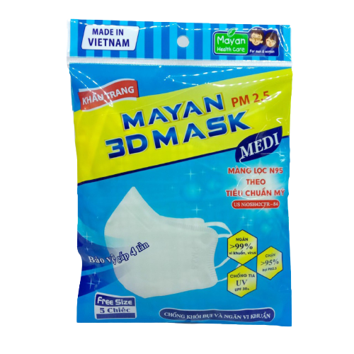 Khẩu trang đa năng mayan pm2.5 3d mask medi 5 cái/bịch màu trắng