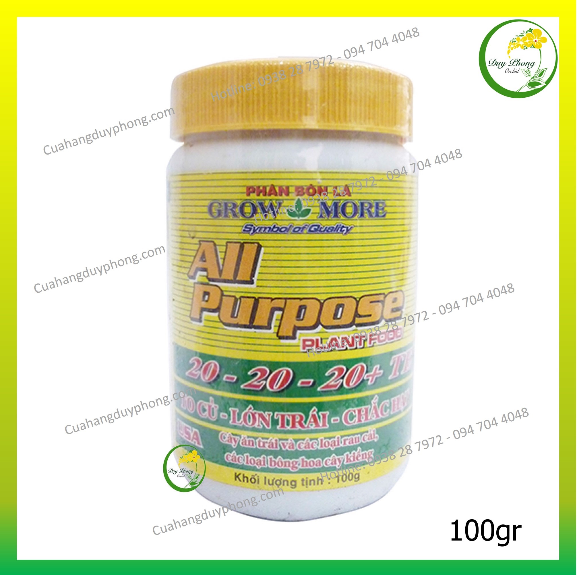 Phân bón NPK Grow more 20-20-20 dành cho lan giai đoạn phat trien | Chuyên dùng hoa lan, hoa hồng, cây ăn trái