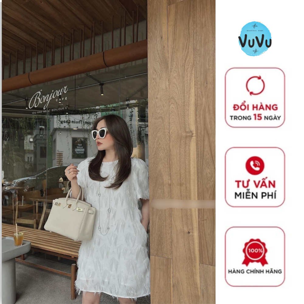 Váy cộc tay lông trắng cổ tròn 2 lớp dáng xuông