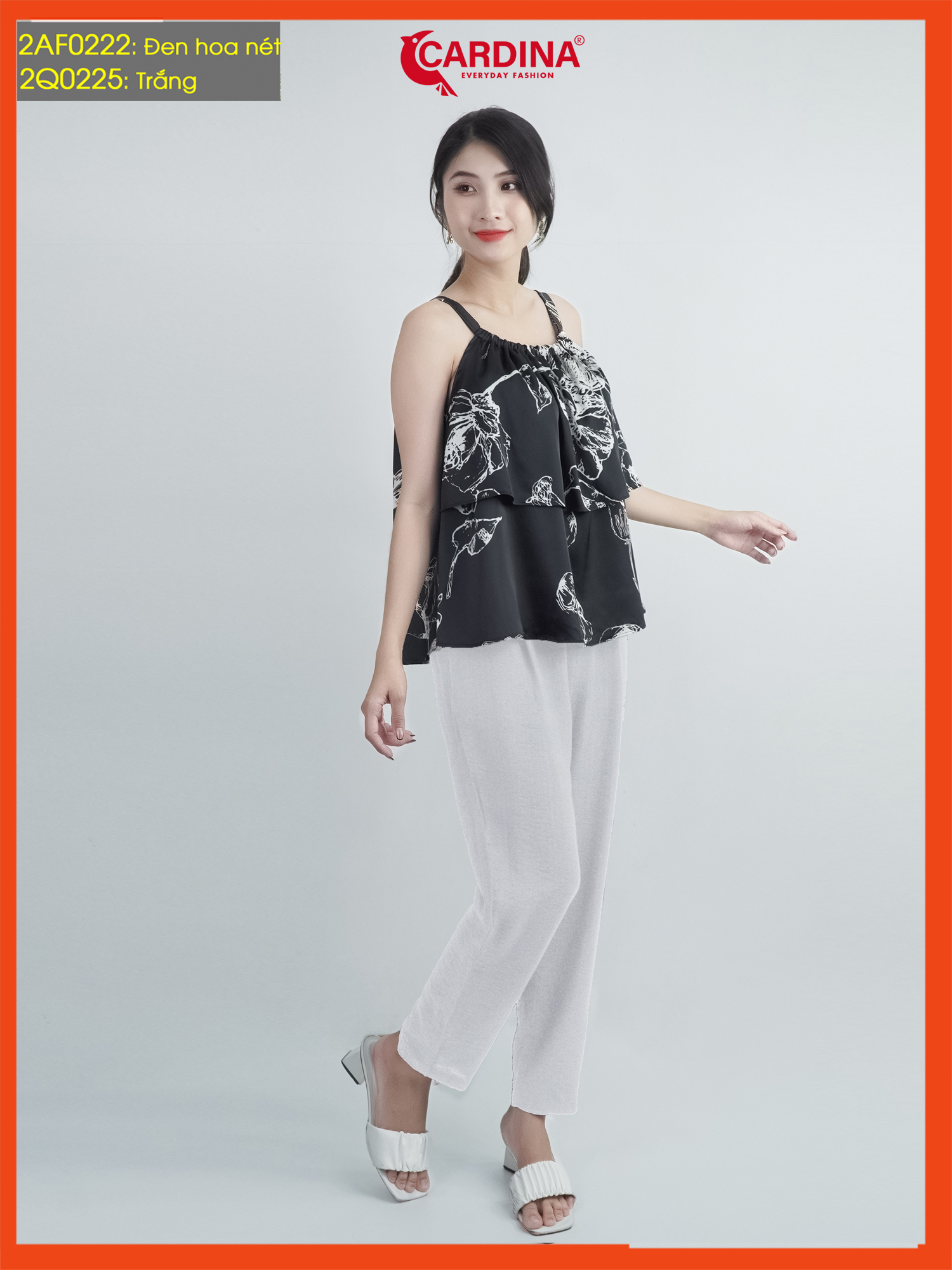 Đồ Bộ Nữ CARDINA Cao Cấp Set Rời Quần Baggy Basic Chất Đũi Bamboo Áo Cổ Yếm Lụa Bèo Tầng Họa Tiết 2AF02 - 2Q02