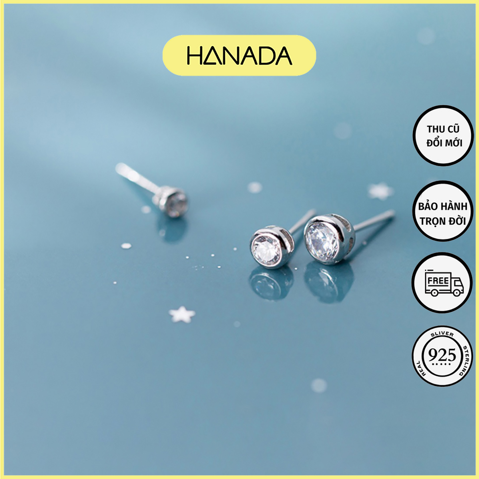 Bông tai bạc cao cấp hanada đá tròn viền 0404
