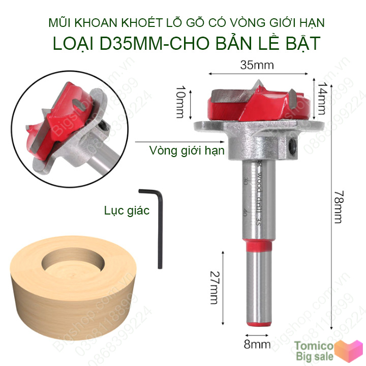 Mũi khoan bản lề bật, khoan lỗ ốc cam, mũi khoan khoét gỗ có vòng giới hạn độ sâu cần khoan, kích thước D15-35 tùy chọn