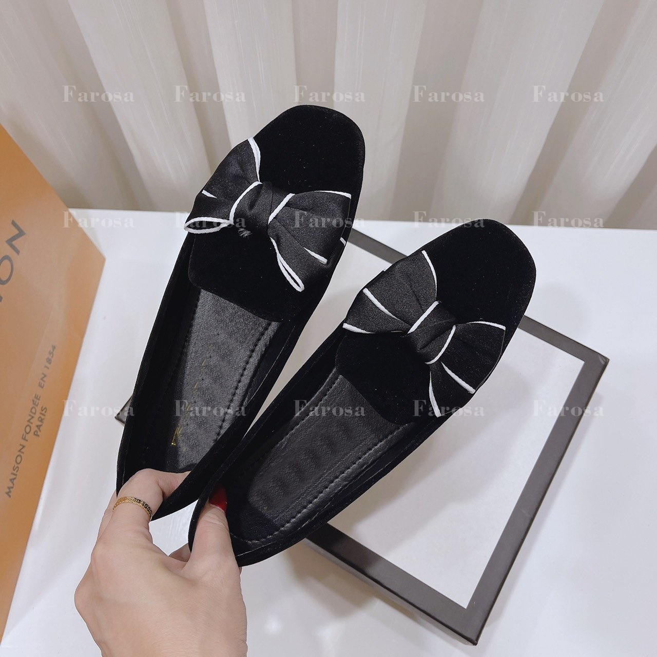 Giày bệt búp bê nữ chất da nhung phối nơ vải viền trắng xinh xắn