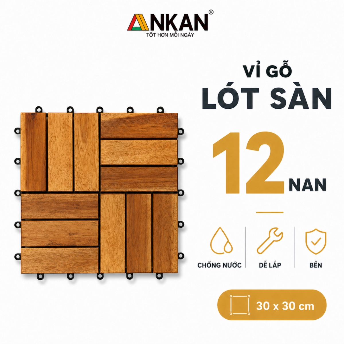 Lót Sàn Gỗ Thương Hiệu ANKAN Dùng Để Lót Ban Công Sân Vườn Dễ Dàng Lắp Đặt - Vỉ Gỗ Siêu Bền Chống Nước Tốt 12 Nan Màu Vàng Nắng