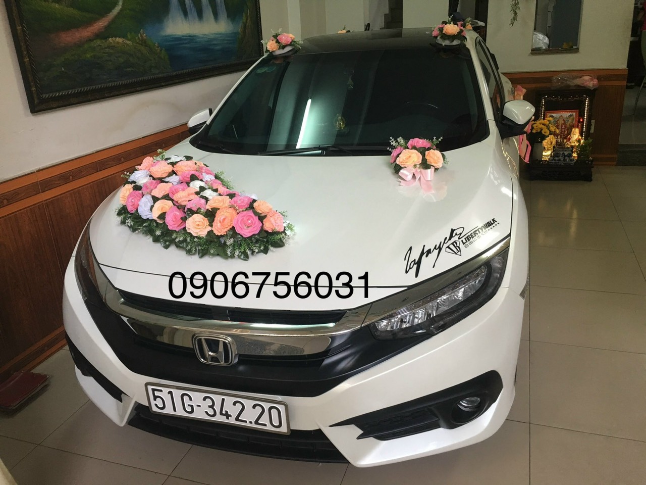 Hoa cưới trang trí xe hơi mẫu dài hoa hồng đế hít nam châm cam kết hình thật 100%