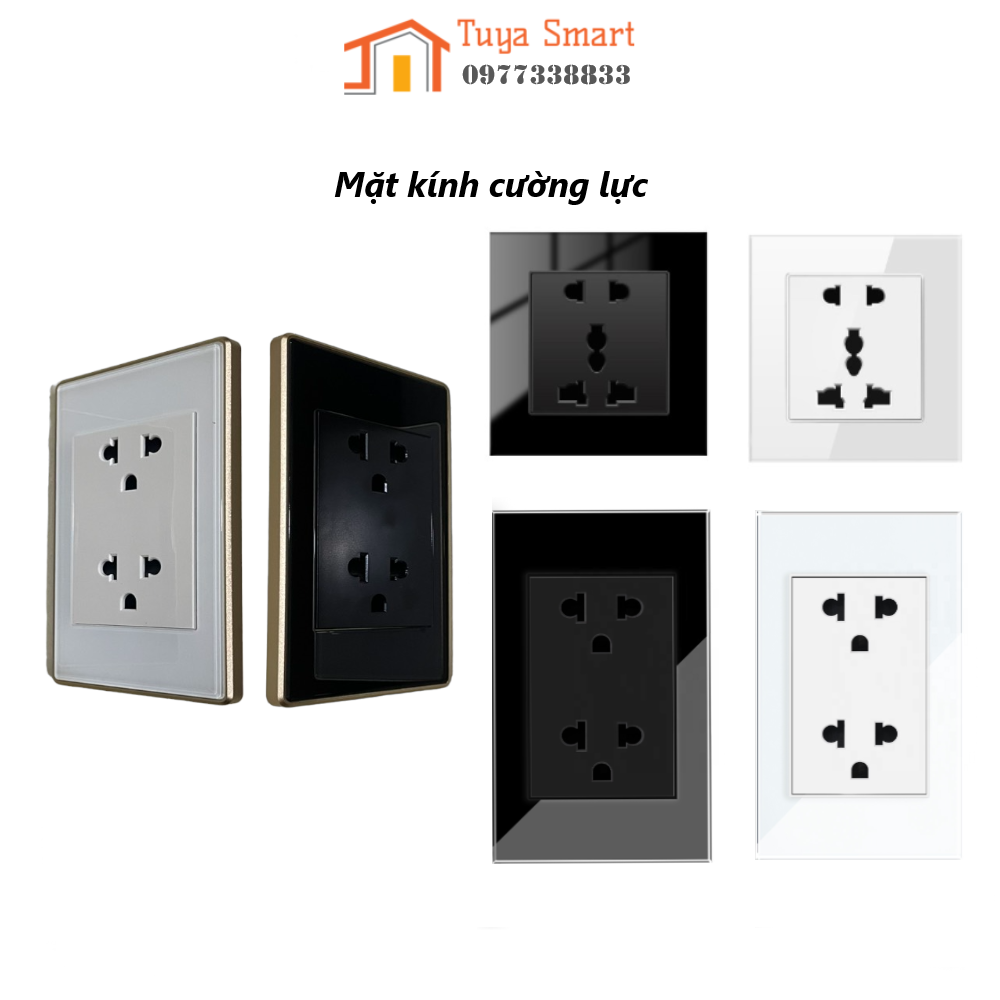 Ổ cắm điện mặt kính cường lực hình chữ nhật / vuông - không viền / viền vàng - ổ cắm 3 chấu đa năng cao cấp âm tường