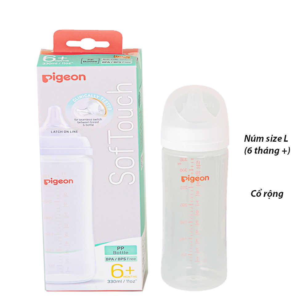 Bình sữa Pigeon cổ rộng 330mml nhựa PP  núm SIÊU MỀM đi kèm size L cho bé từ 7 tháng, nhưa an toàn , không PBA
