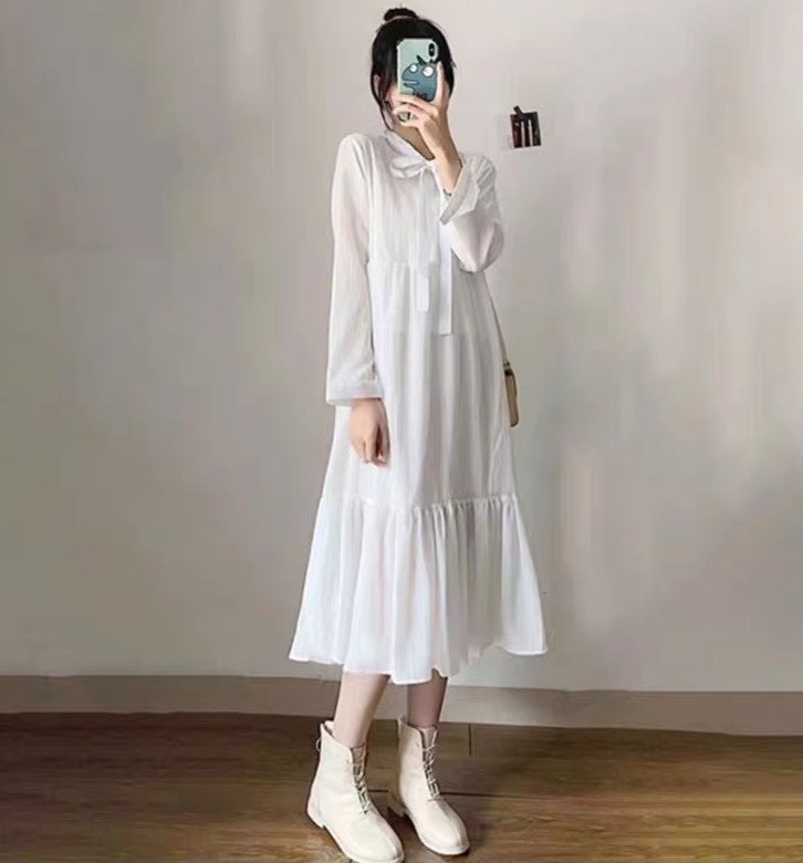 Đầm Babydoll Nơ Cổ Trắng/ Váy Babydoll Dáng Xoè Tay Dài Phồng Chất Đũi Nơ Cổ Trắng Ă2