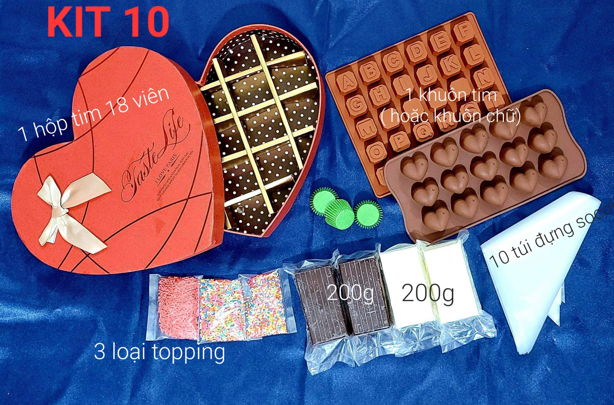 Bộ làm socola kit 10 / chocola/ chocolate handmade ⚡ LOẠI TỐT ⚡ bộ kit làm socola hộp tim đựng 18 viên