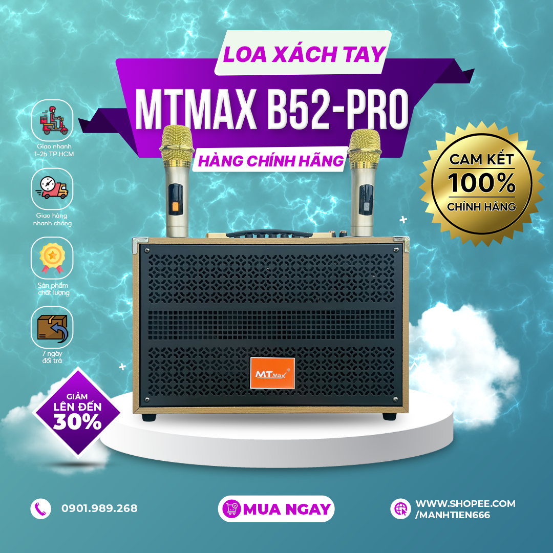 [ Tặng 2 Micro Không Dây ] Loa Di Động Karaoke 10 Nút MTMAX B52PROMAX Viền Sắt Bass 20cm Chỉnh Bass, Treble, Delay, Echo, Bảo Hành 12 Tháng