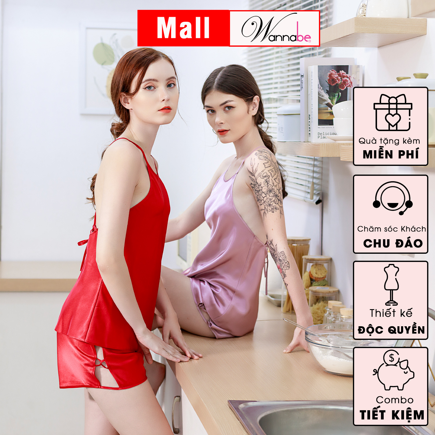 Đồ bộ mặc nhà phi lụa cao cấp WANNABE BSS33 đồ bộ quần sọt đan dây mặ với áo 2 dây cổ yếm lưng trần dây kiểu xinh xắn