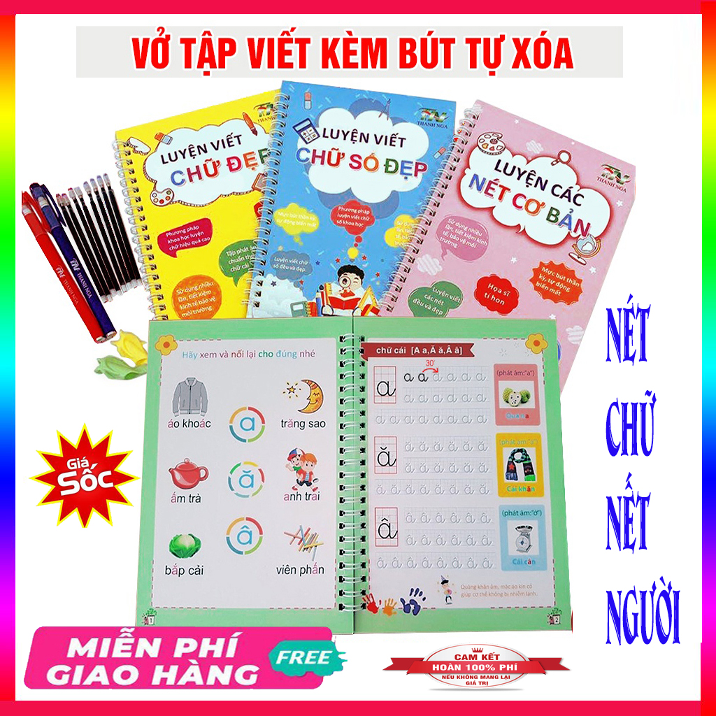 ( ƯU ĐÃI ) Set 3 sách tập tô luyện viết chữ đẹp, số đẹp, nét cơ bản tặng kèm 2 bút 6 ngòi cho bé vững bước vào lớp 1