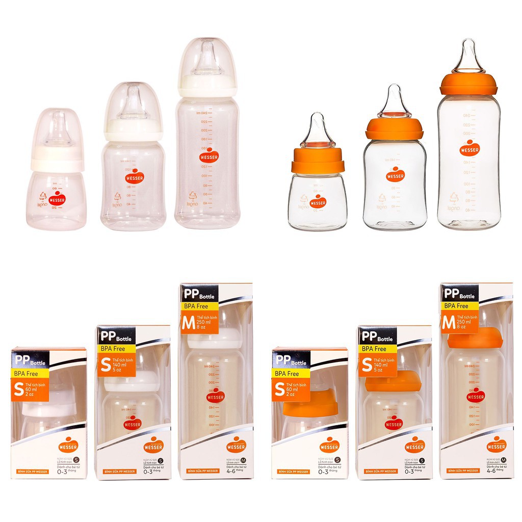 Bình sữa cổ hẹp tặng kèm van chống sặc Wesser 60ml / 140ml / 250ml
