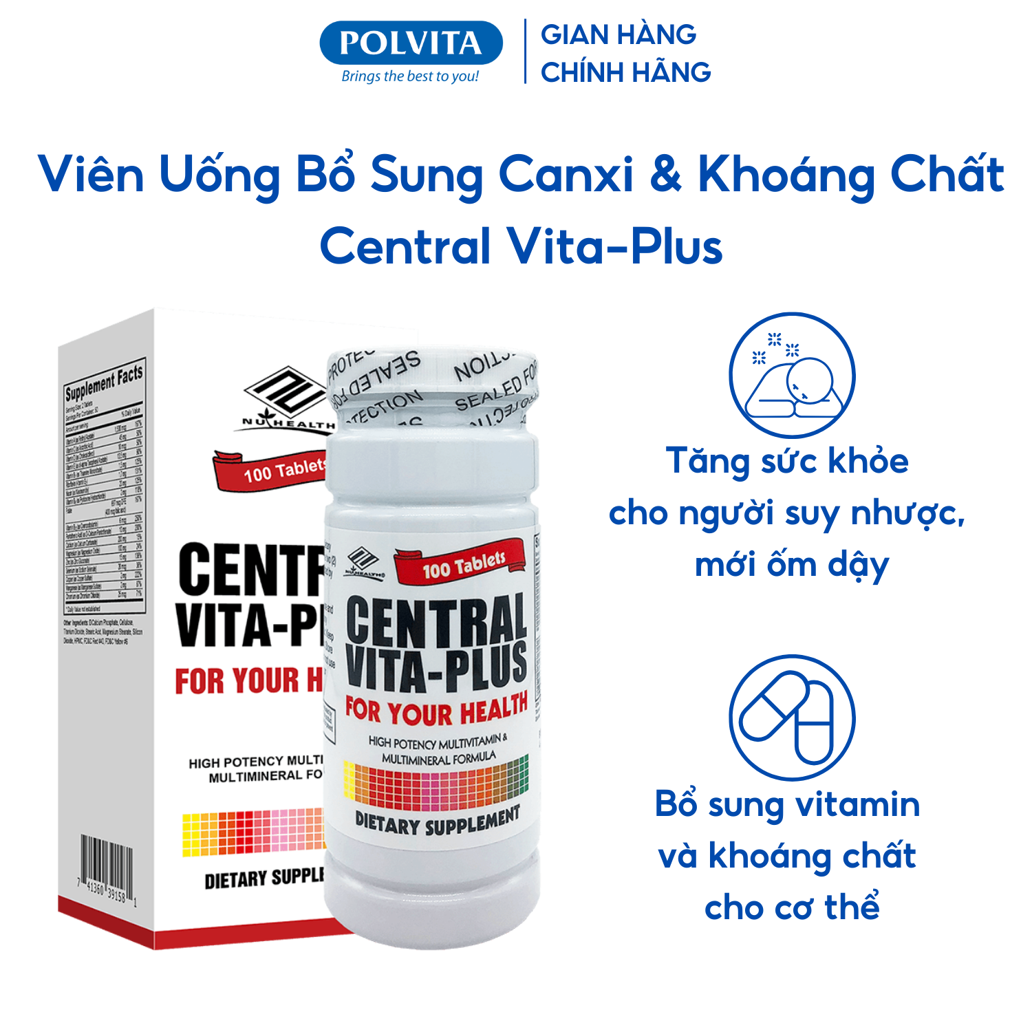 Viên uống bổ sung vitamin, khoáng chất central vita-plus lọ 100 viên