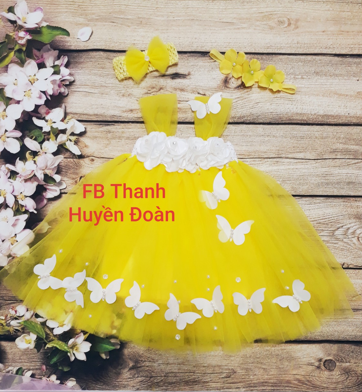 Váy công chúa bé gái màu Vàng hoa Trắng+Bướm- Đầm công chúa bé gái 0-7 tuổi