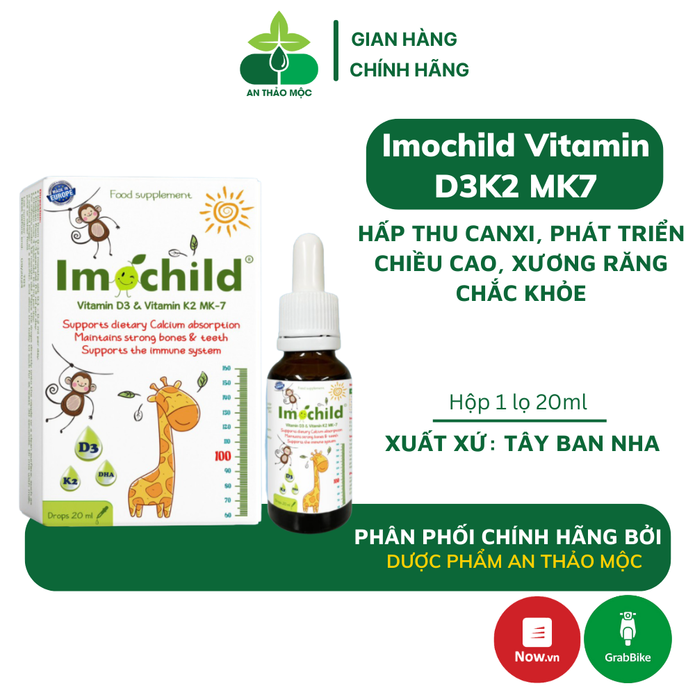 Imochild Vitamin D3K2 Mk7 Giúp bé hấp thu canxi phát triển chiều cao xương răng chắc khỏe