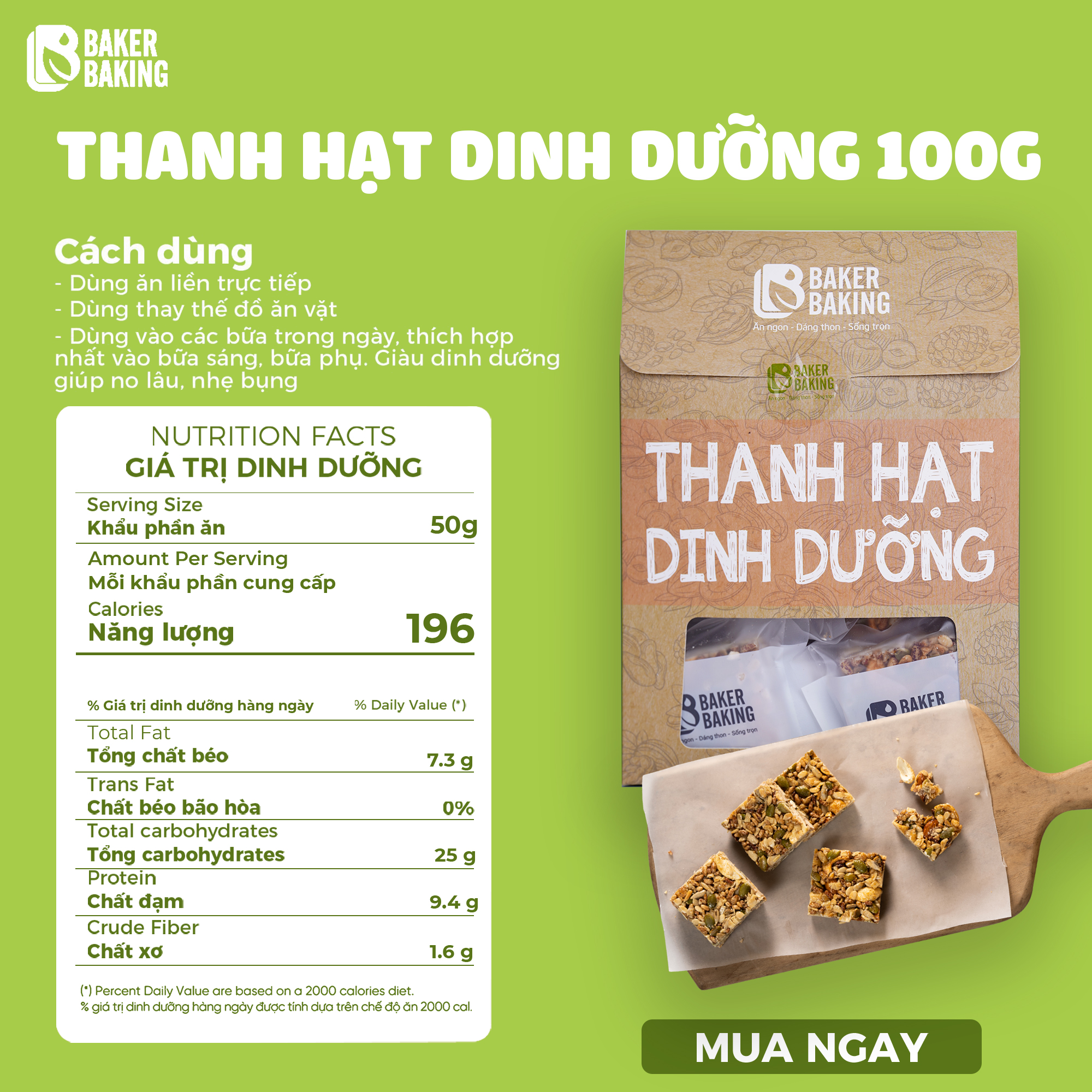 Thanh hạt dinh dưỡng Baker Baking - Healthy, Eat clean ăn kiêng dinh dưỡng 100g