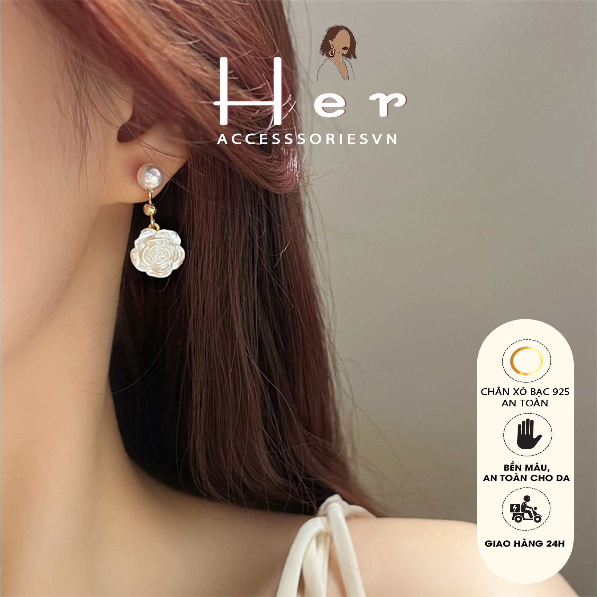 Hoa tai dáng dài hoa cúc trắng nhẹ nhàng thanh lịch, bông tai hoa cúc độc đáo, khuyên tai chuôi bạc 925 Her jewelry H132