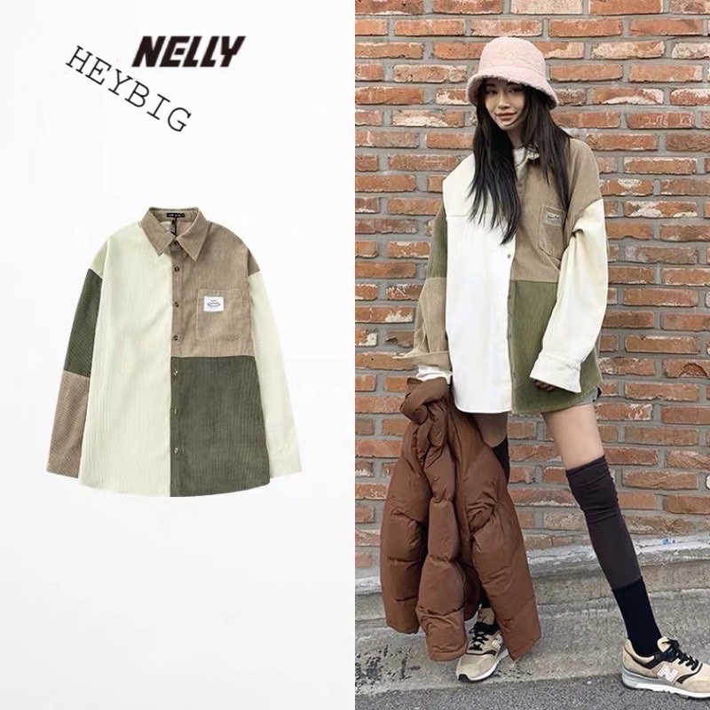 Áo sơ mi len tăm Nelly phối màu dài tay form rộng dành cho nam và nữ