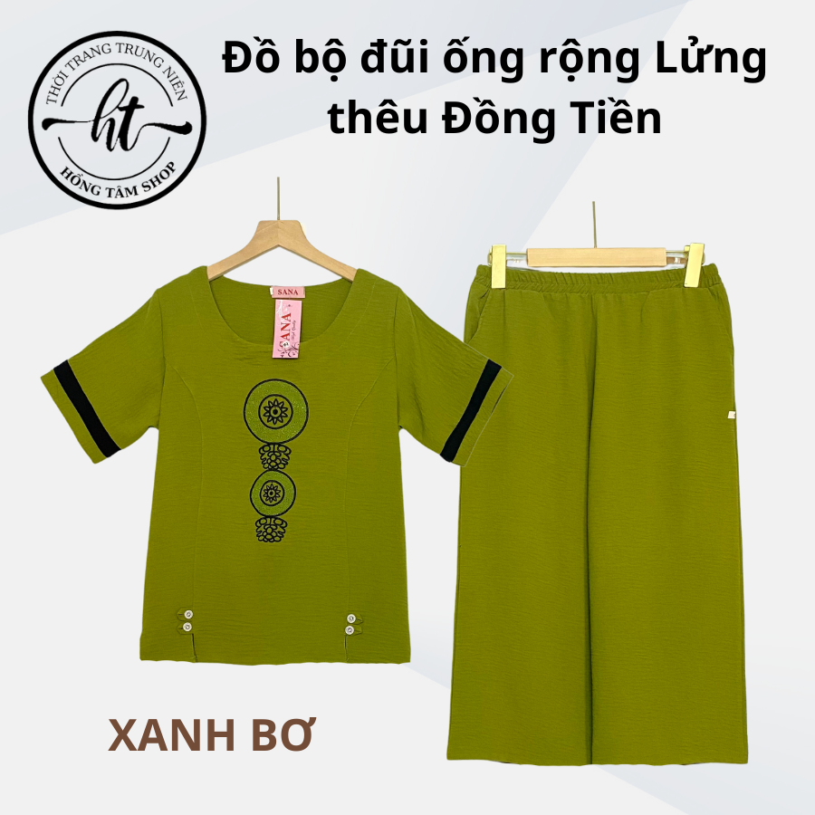 Đồ bộ trung niên mặc cho mẹ, bộ đũi trung niên nữ thêu hoa, quần lửng ống rộng cao cấp .đt
