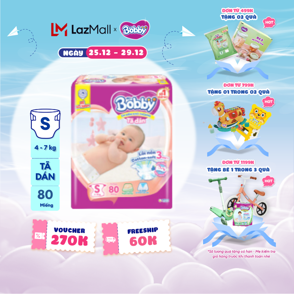 [CHỈ 25-29.12 QUÀ TẶNG ĐH 499K] Tã dán sơ sinh Bobby S80 mới- Lõi nén thần kỳ 3mm