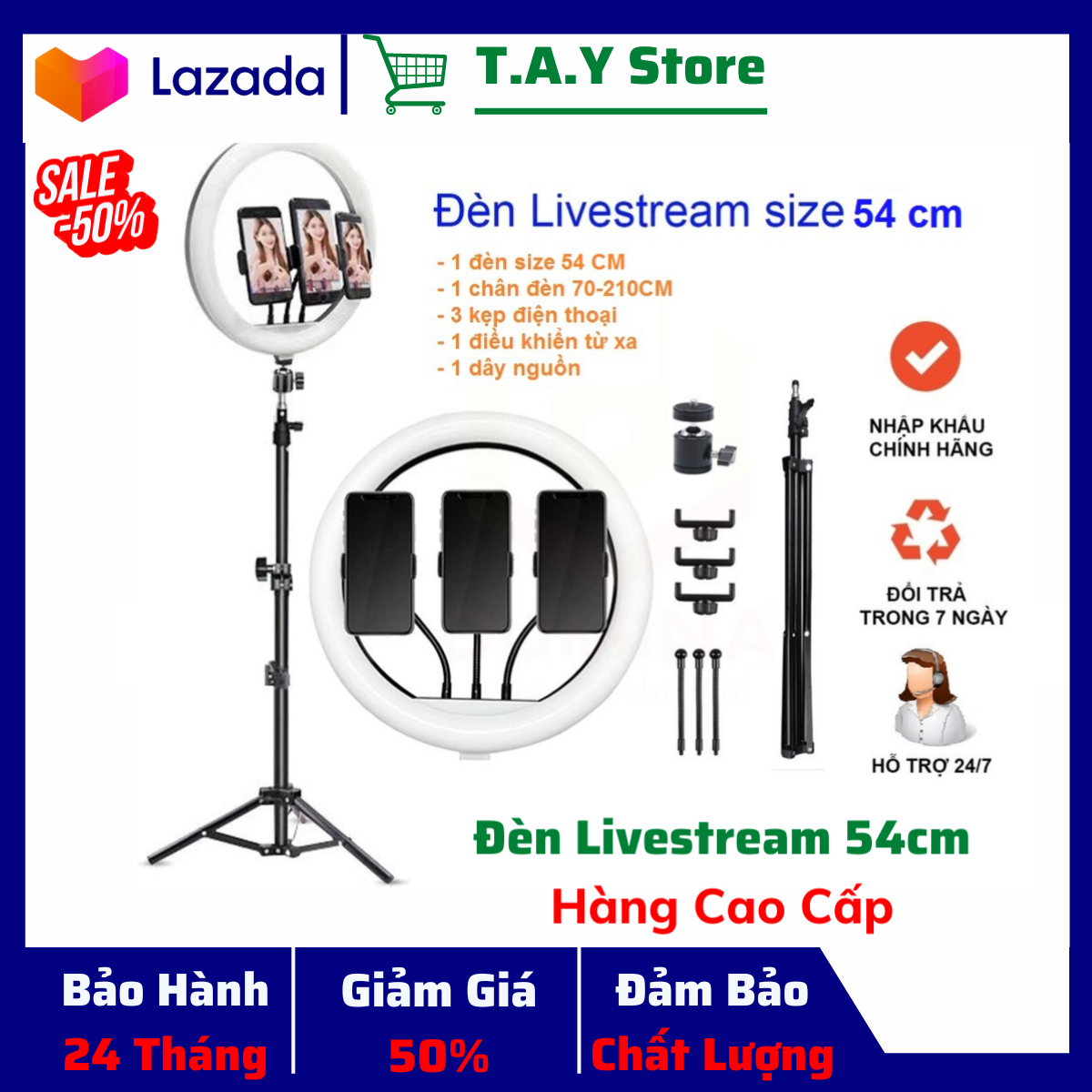Đèn livestream full box loại 1 kèm chân 2m size26cm/30cm/33cm /36cm hỗ trợ chụp ảnh make up bán hàng quay tiktok, đèn livestream cao cấp