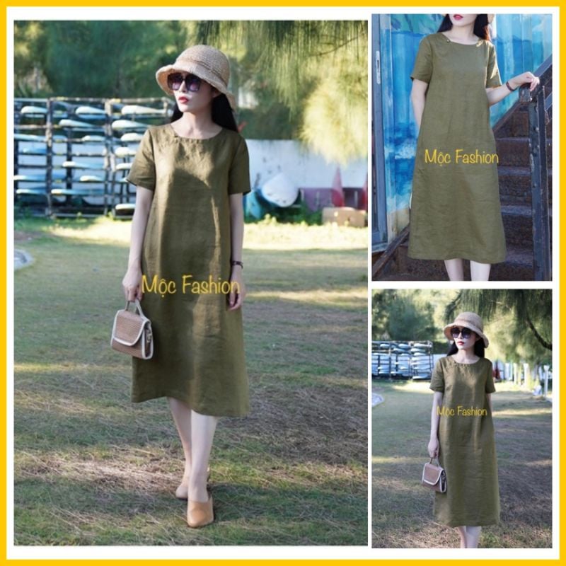 Đầm linen dáng suông tay lỡ thấm hút mồ hôi thoáng mát đủ sz từ S- XL