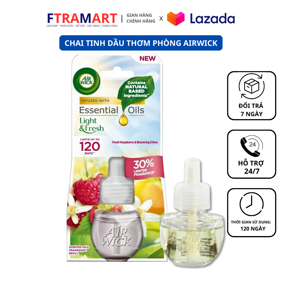 Chai tinh dầu cắm điện Air Wick Refill AWK3158 Fresh Raspberry & Blooming Citrus 19ml (Hương hoa cam, quả mâm xôi), sử dụng điện 220V, làm thơm không gian nhanh chóng