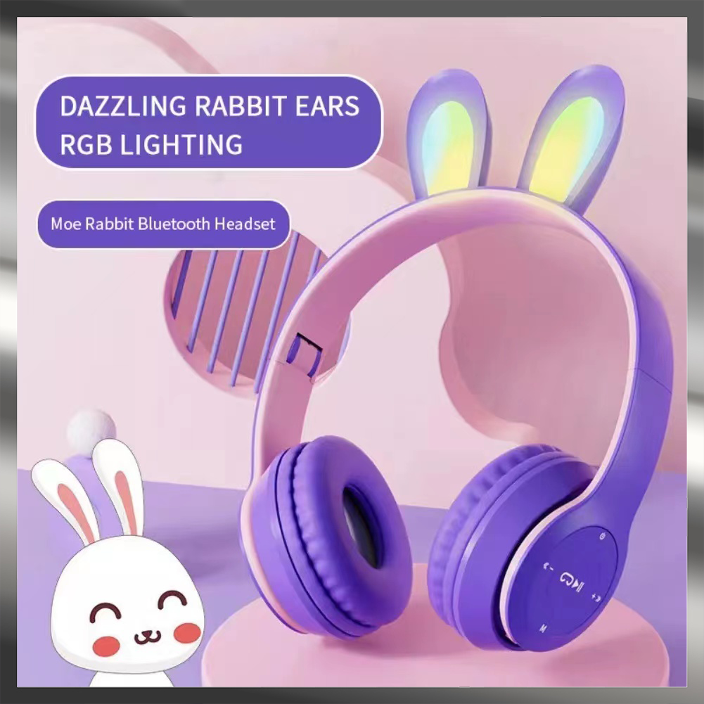 Tai nghe Bluetooth P47R, Có thể gập lại, Tai thỏ dễ thương, Đèn LED, có miếng đệm tai