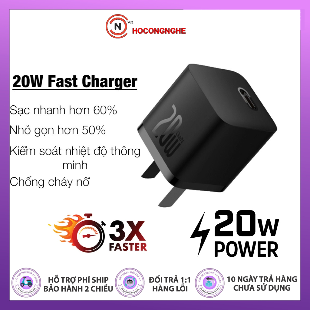 Bộ củ cáp sạc nhanh 1 cổng type c 20w siêu nhanh 50% chỉ 30 phút baseus gan5 mini cho iphone 14 samsung xiaomi phone